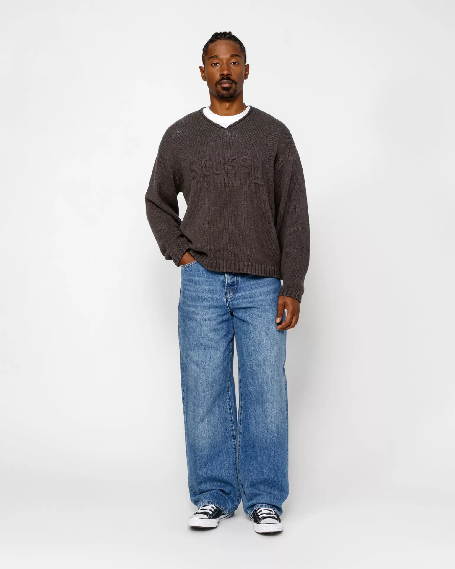 Cheap Stüssy EMBROIDERED V-NECK LOGO SWEATER Brown