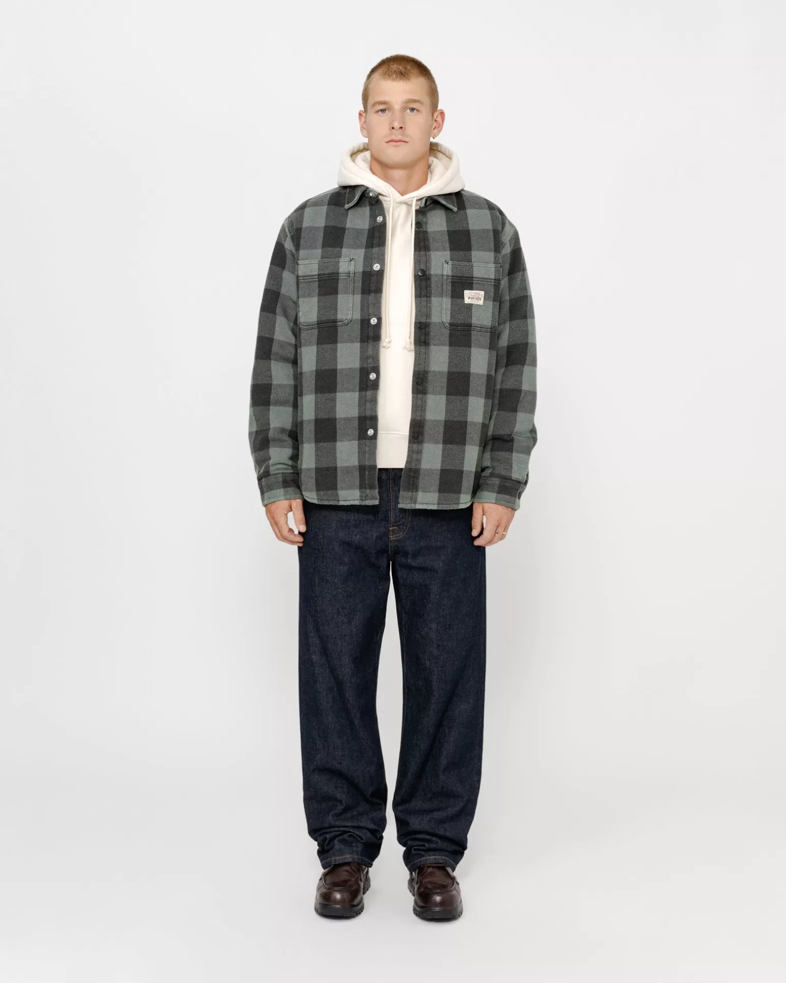 Shop Stüssy SHERPA LINED BUFFALO PLAID SHIRT Grey