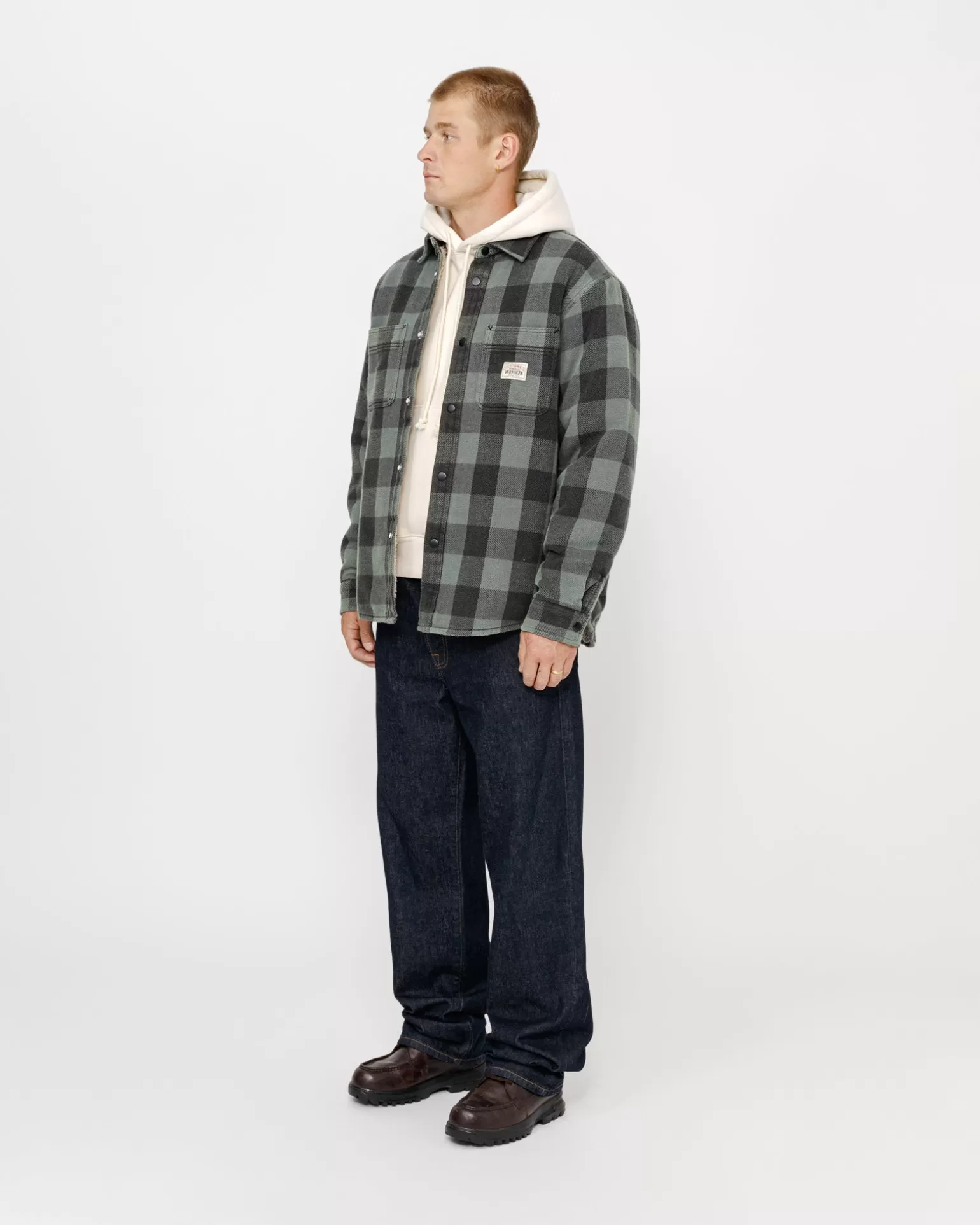 Shop Stüssy SHERPA LINED BUFFALO PLAID SHIRT Grey